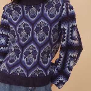 FARM Rio Pineapple Cobogo Crochet Knit Sweater Pullover‎ Blue Medium NEW